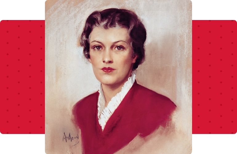 A painting of a young a young Betty Crocker in a red jacket and white shirt