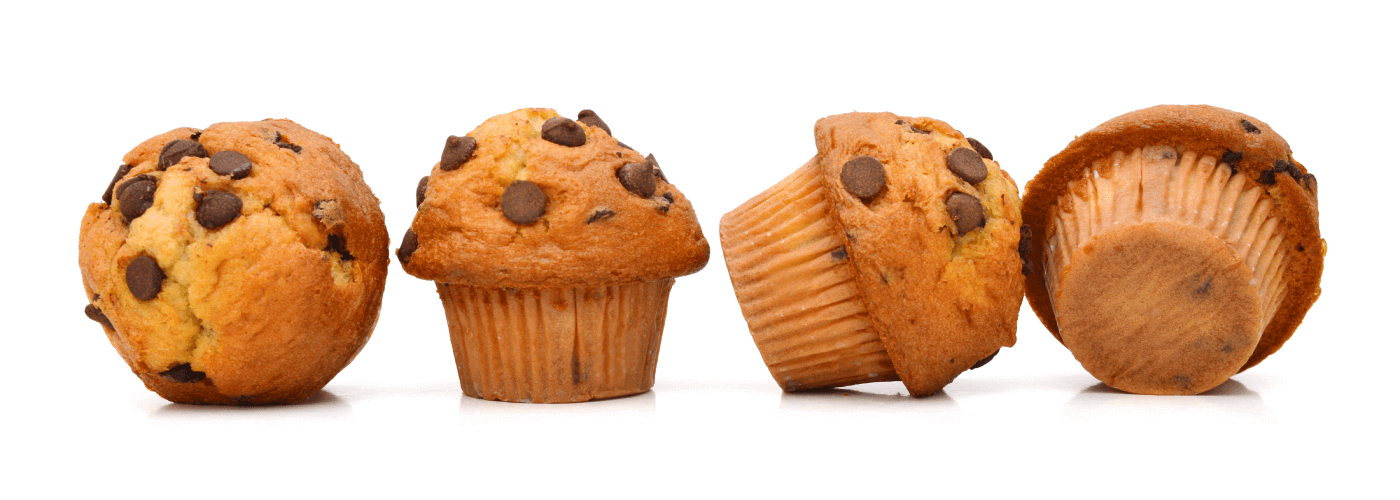 Chocolate cupcakes in a row and one is tilted over